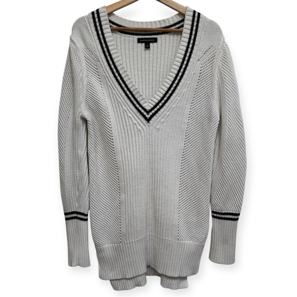 Banana Republic Cotton Blend Longline Sporty Tennis Stripe Sweater Medium V-Neck